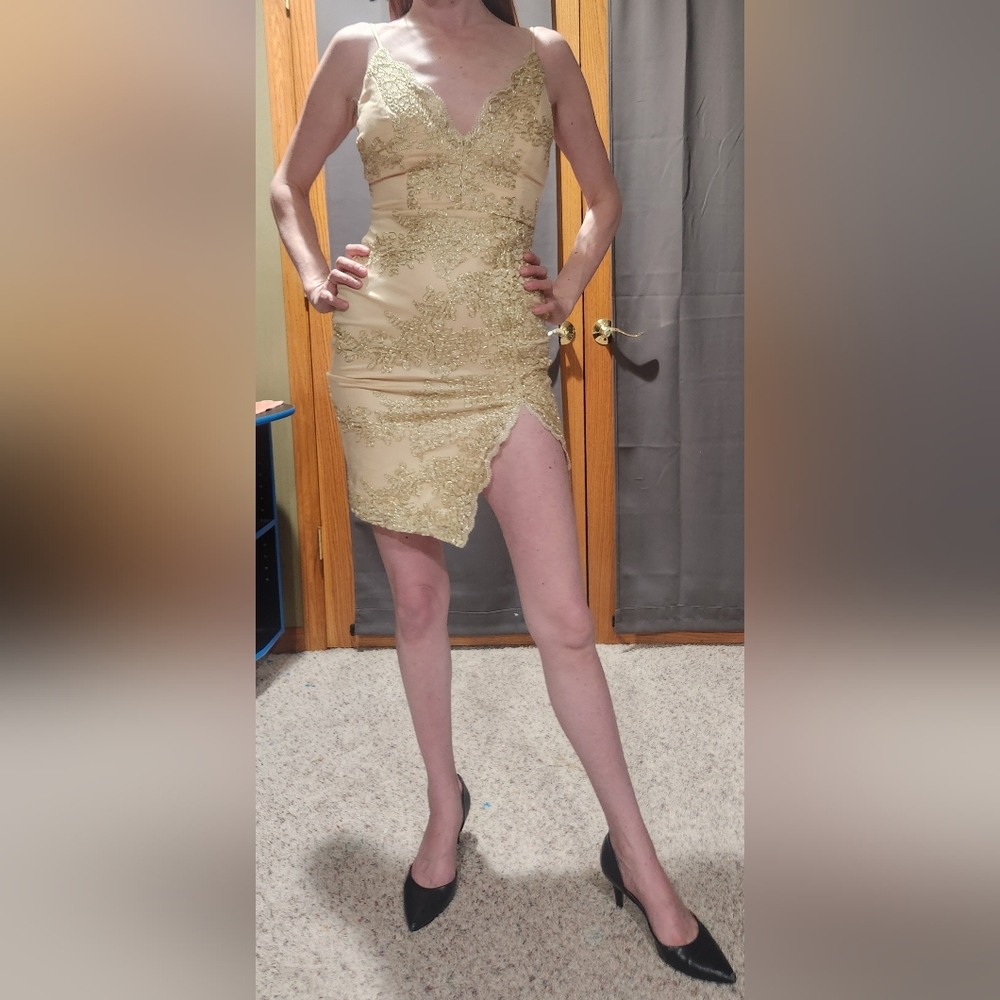 Windsor Gold Lace-Trim Satin Mini Dress